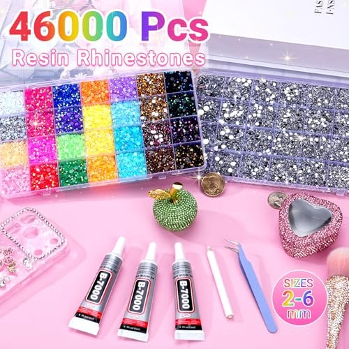 46000Pcs Jelly Rhinestones for Bedazzling, 2 Boxes Multicolor 4mm & Silver Clear 2/3/4/5/6mm Resin Flatback Gems with 3Pcs B7000 Glue Avelisse