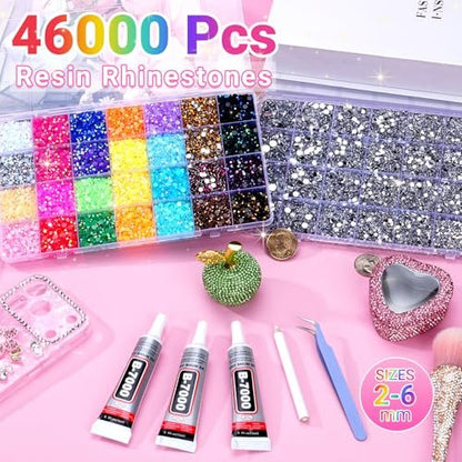 46000Pcs Jelly Rhinestones for Bedazzling, 2 Boxes Multicolor 4mm & Silver Clear 2/3/4/5/6mm Resin Flatback Gems with 3Pcs B7000 Glue Avelisse