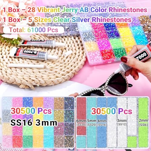 46000Pcs Jelly Rhinestones for Bedazzling, 2 Boxes Multicolor 4mm & Silver Clear 2/3/4/5/6mm Resin Flatback Gems with 3Pcs B7000 Glue Avelisse