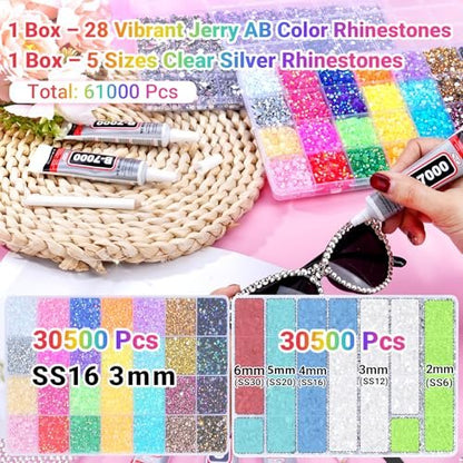 46000Pcs Jelly Rhinestones for Bedazzling, 2 Boxes Multicolor 4mm & Silver Clear 2/3/4/5/6mm Resin Flatback Gems with 3Pcs B7000 Glue Avelisse