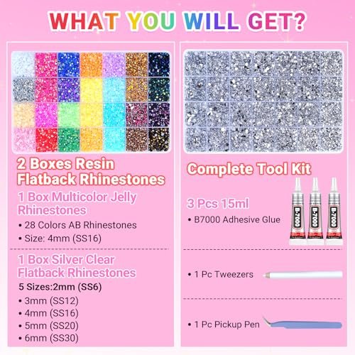 46000Pcs Jelly Rhinestones for Bedazzling, 2 Boxes Multicolor 4mm & Silver Clear 2/3/4/5/6mm Resin Flatback Gems with 3Pcs B7000 Glue Avelisse