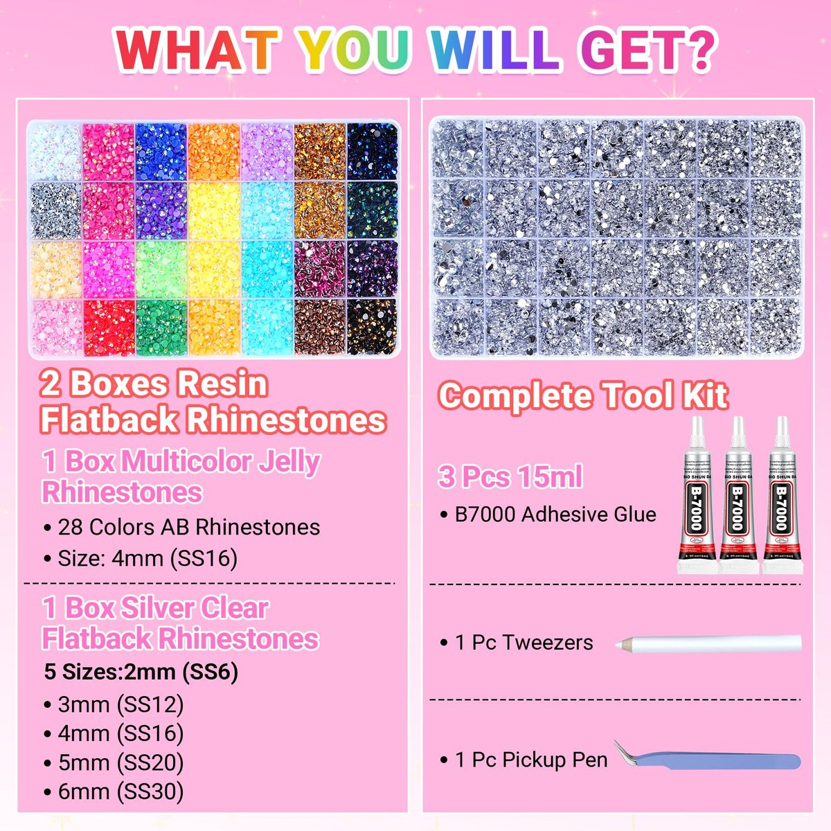46000Pcs Jelly Rhinestones for Bedazzling, 2 Boxes Multicolor 4mm & Silver Clear 2/3/4/5/6mm Resin Flatback Gems with 3Pcs B7000 Glue Avelisse