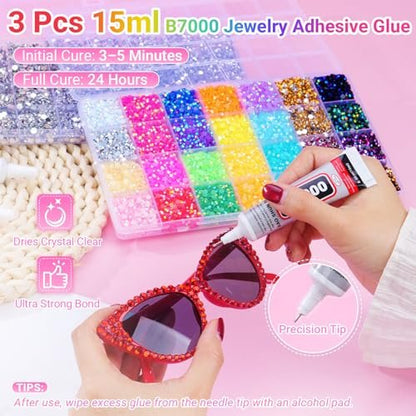 46000Pcs Jelly Rhinestones for Bedazzling, 2 Boxes Multicolor 4mm & Silver Clear 2/3/4/5/6mm Resin Flatback Gems with 3Pcs B7000 Glue Avelisse