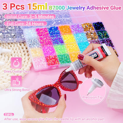 46000Pcs Jelly Rhinestones for Bedazzling, 2 Boxes Multicolor 4mm & Silver Clear 2/3/4/5/6mm Resin Flatback Gems with 3Pcs B7000 Glue Avelisse
