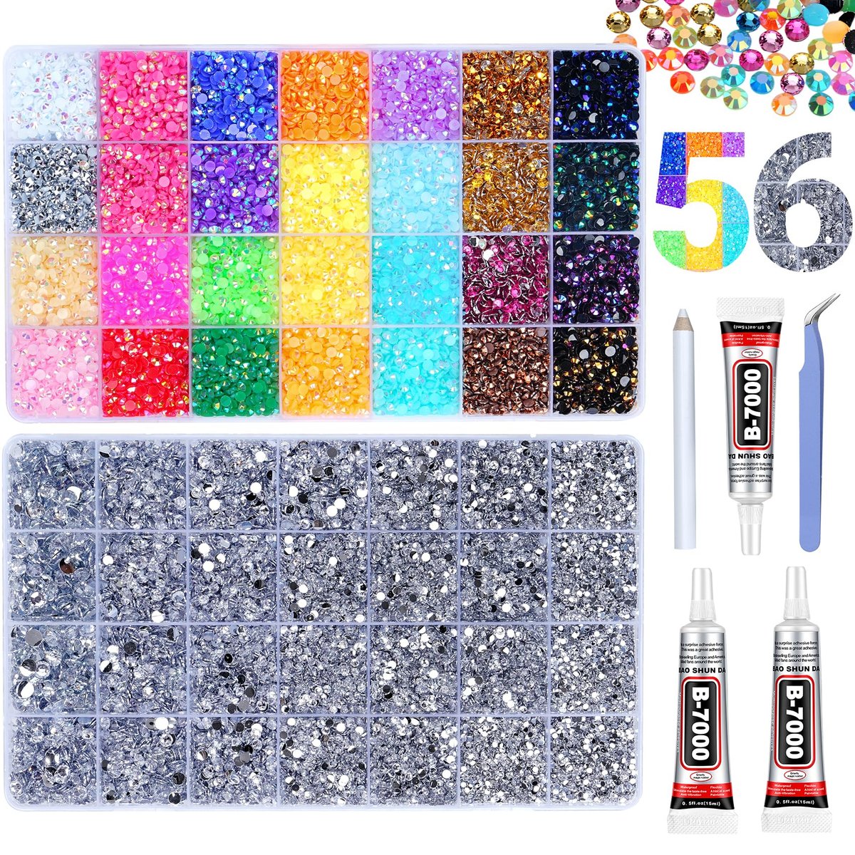 46000Pcs Jelly Rhinestones for Bedazzling, 2 Boxes Multicolor 4mm & Silver Clear 2/3/4/5/6mm Resin Flatback Gems with 3Pcs B7000 Glue Avelisse