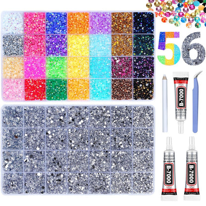 46000Pcs Jelly Rhinestones for Bedazzling, 2 Boxes Multicolor 4mm & Silver Clear 2/3/4/5/6mm Resin Flatback Gems with 3Pcs B7000 Glue Avelisse