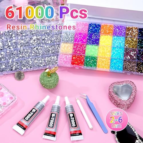 61000Pcs Jelly Rhinestones for Bedazzling, 2 Boxes Multicolor 3mm & Silver Clear 2/3/4/5/6mm Resin Flatback Gems, Bedazzler Kit with 3Pcs 15ml B7000 Jewelry Glue for Crafts Clothes Books Avelisse