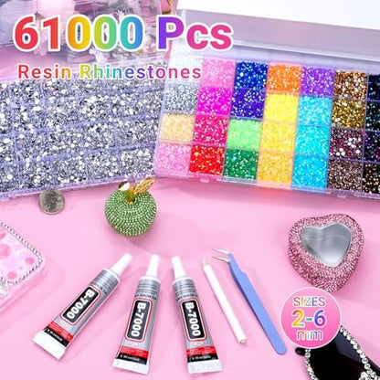 61000Pcs Jelly Rhinestones for Bedazzling, 2 Boxes Multicolor 3mm & Silver Clear 2/3/4/5/6mm Resin Flatback Gems, Bedazzler Kit with 3Pcs 15ml B7000 Jewelry Glue for Crafts Clothes Books Avelisse