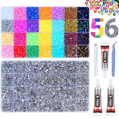 61000Pcs Jelly Rhinestones for Bedazzling, 2 Boxes Multicolor 3mm & Silver Clear 2/3/4/5/6mm Resin Flatback Gems, Bedazzler Kit with 3Pcs 15ml B7000 Jewelry Glue for Crafts Clothes Books Avelisse
