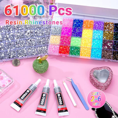 61000Pcs Jelly Rhinestones for Bedazzling, 2 Boxes Multicolor 3mm & Silver Clear 2/3/4/5/6mm Resin Flatback Gems, Bedazzler Kit with 3Pcs 15ml B7000 Jewelry Glue for Crafts Clothes Books Avelisse