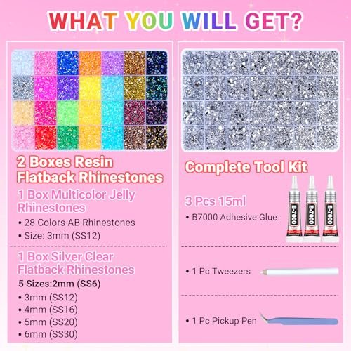 61000Pcs Jelly Rhinestones for Bedazzling, 2 Boxes Multicolor 3mm & Silver Clear 2/3/4/5/6mm Resin Flatback Gems, Bedazzler Kit with 3Pcs 15ml B7000 Jewelry Glue for Crafts Clothes Books Avelisse