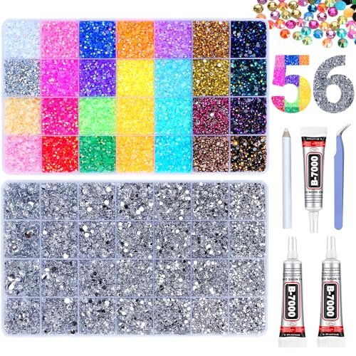 61000Pcs Jelly Rhinestones for Bedazzling, 2 Boxes Multicolor 3mm & Silver Clear 2/3/4/5/6mm Resin Flatback Gems, Bedazzler Kit with 3Pcs 15ml B7000 Jewelry Glue for Crafts Clothes Books Avelisse