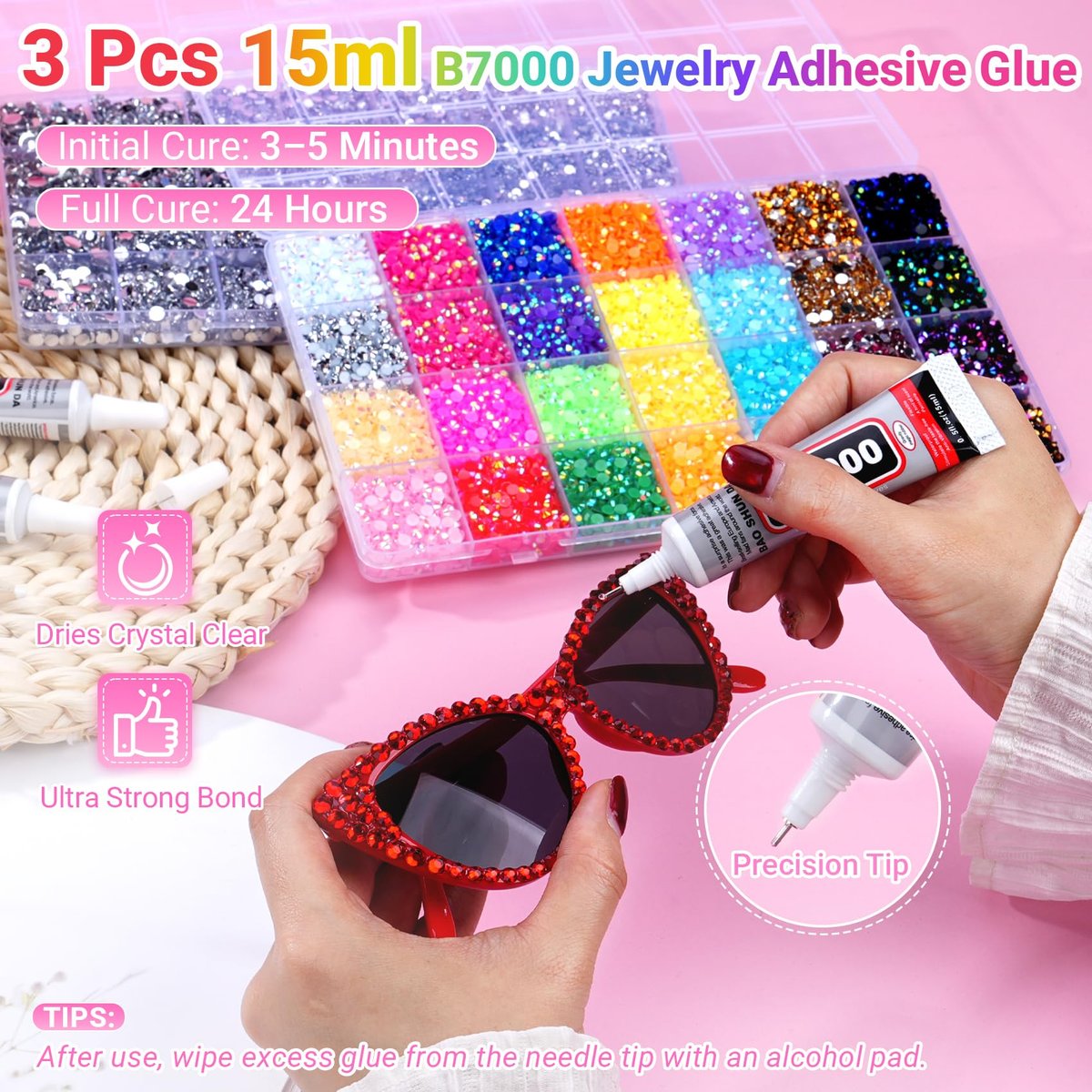 61000Pcs Jelly Rhinestones for Bedazzling, 2 Boxes Multicolor 3mm & Silver Clear 2/3/4/5/6mm Resin Flatback Gems, Bedazzler Kit with 3Pcs 15ml B7000 Jewelry Glue for Crafts Clothes Books Avelisse