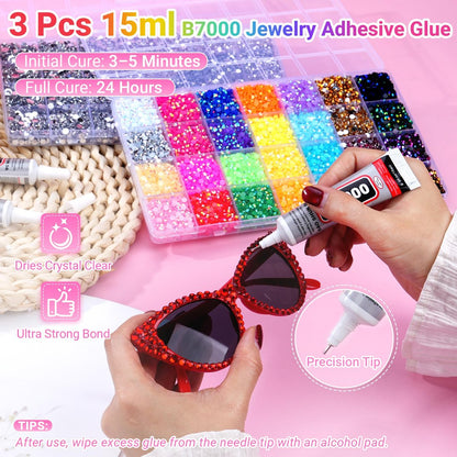 61000Pcs Jelly Rhinestones for Bedazzling, 2 Boxes Multicolor 3mm & Silver Clear 2/3/4/5/6mm Resin Flatback Gems, Bedazzler Kit with 3Pcs 15ml B7000 Jewelry Glue for Crafts Clothes Books Avelisse