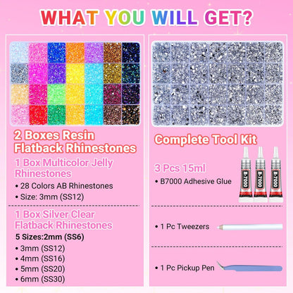 61000Pcs Jelly Rhinestones for Bedazzling, 2 Boxes Multicolor 3mm & Silver Clear 2/3/4/5/6mm Resin Flatback Gems, Bedazzler Kit with 3Pcs 15ml B7000 Jewelry Glue for Crafts Clothes Books Avelisse