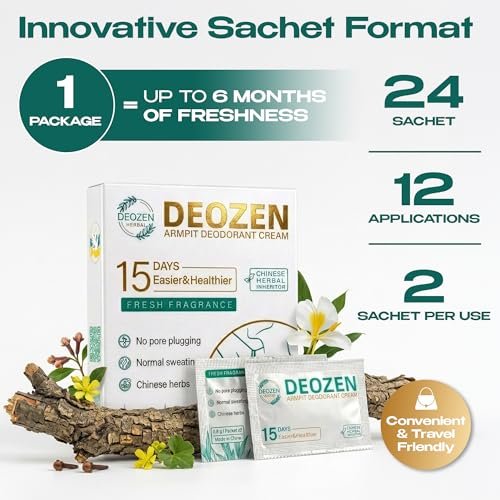 DEOZEN Natural Aluminum-Free Deodorant Cream for Men & Women – Long-Lasting Odor Protection with Herbal Formula – 24 Sachets (12 Applications, Up to 6 Months) Avelisse