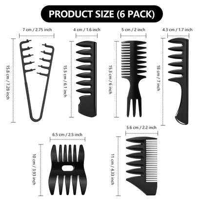 6-Pack Texture Comb Set - Wide Tooth Styling Combs for Volume, Fringe Parting & Slick Back - ABS Plastic Barber Tool for Men & Women