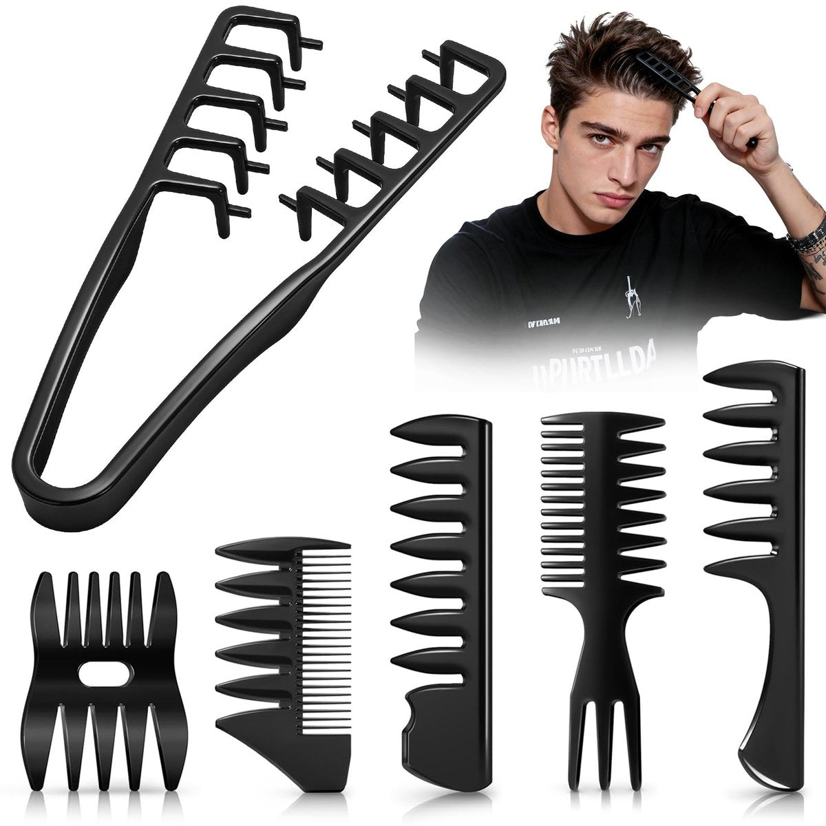 6-Pack Texture Comb Set - Wide Tooth Styling Combs for Volume, Fringe Parting & Slick Back - ABS Plastic Barber Tool for Men & Women - görsel 1