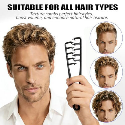Furneet Texture Comb Set 2 Pack – Wide Tooth Volumizing Hair Comb, Anti-Frizz Root Lift Styling Tool for Curly, Wavy, Thick Hair, ABS Plastic Non-Slip Grip (Black+Grey)