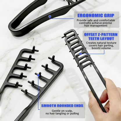 Furneet Texture Comb Set 2 Pack – Wide Tooth Volumizing Hair Comb, Anti-Frizz Root Lift Styling Tool for Curly, Wavy, Thick Hair, ABS Plastic Non-Slip Grip (Black+Grey)