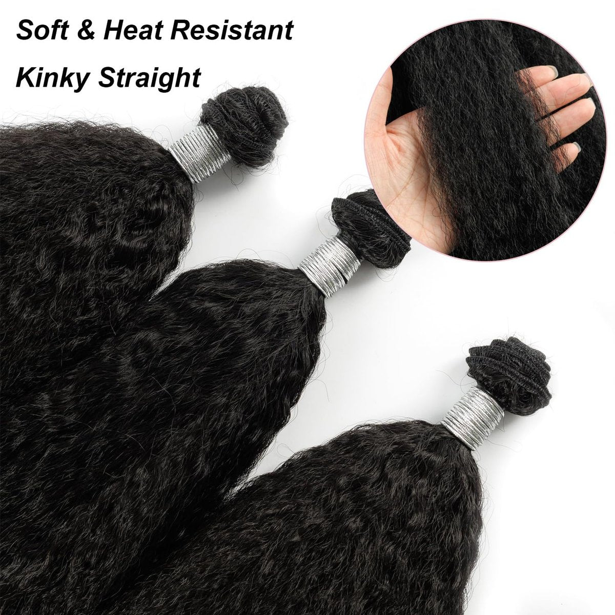 EV&ET Kinky Straight Hair Bundles 16 18 20 Inches - 3 Pieces Synthetic Hair Weave for Black Women (Natural Black) - görsel 7