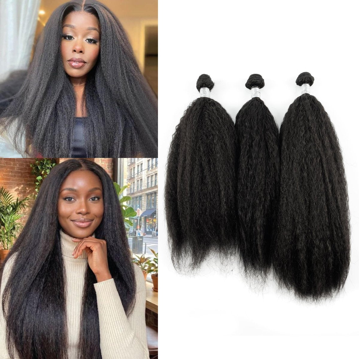 EV&ET Kinky Straight Hair Bundles 16 18 20 Inches - 3 Pieces Synthetic Hair Weave for Black Women (Natural Black) - görsel 9