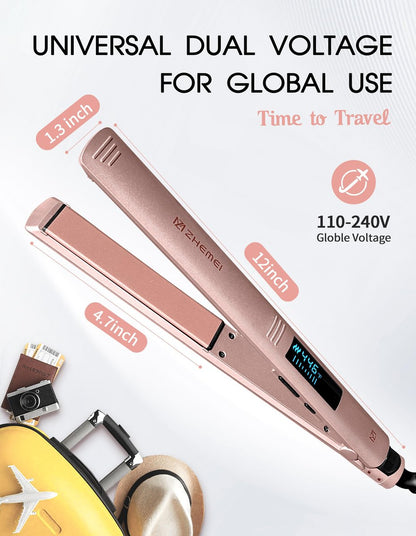 ZM ZHEMEI Hair Straightener 1 Inch Flat Iron with LED Display, Professional PTC Ceramic Negative Ion, Dual Voltage 446°F, 6 Temps (Rose Gold) Avelisse