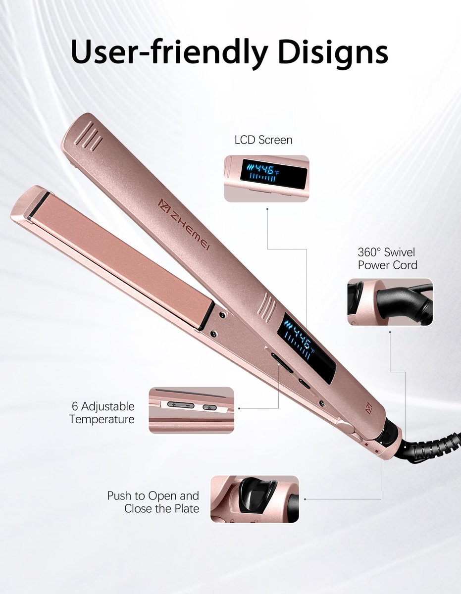 ZM ZHEMEI Hair Straightener 1 Inch Flat Iron with LED Display, Professional PTC Ceramic Negative Ion, Dual Voltage 446°F, 6 Temps (Rose Gold) Avelisse