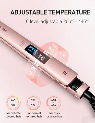 ZM ZHEMEI Hair Straightener 1 Inch Flat Iron with LED Display, Professional PTC Ceramic Negative Ion, Dual Voltage 446°F, 6 Temps (Rose Gold) Avelisse