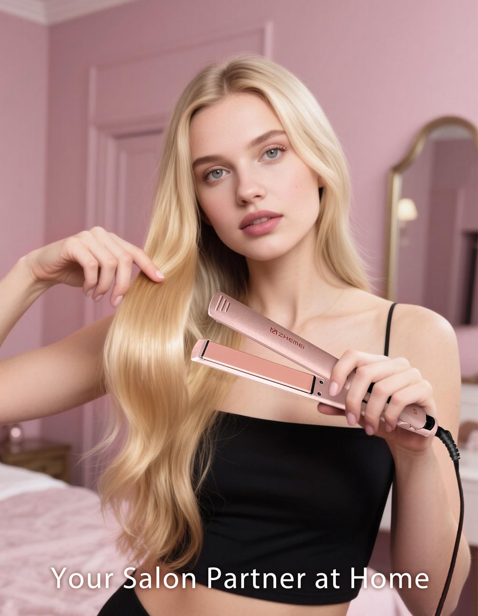 ZM ZHEMEI Hair Straightener 1 Inch Flat Iron with LED Display, Professional PTC Ceramic Negative Ion, Dual Voltage 446°F, 6 Temps (Rose Gold) Avelisse