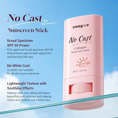 Gaayou No Cast Sunscreen Stick SPF PA50++++ - Korean Collagen Sun Stick for Face & Body, Soothing Moisture Matte Finish, Non Sticky, No White Cast