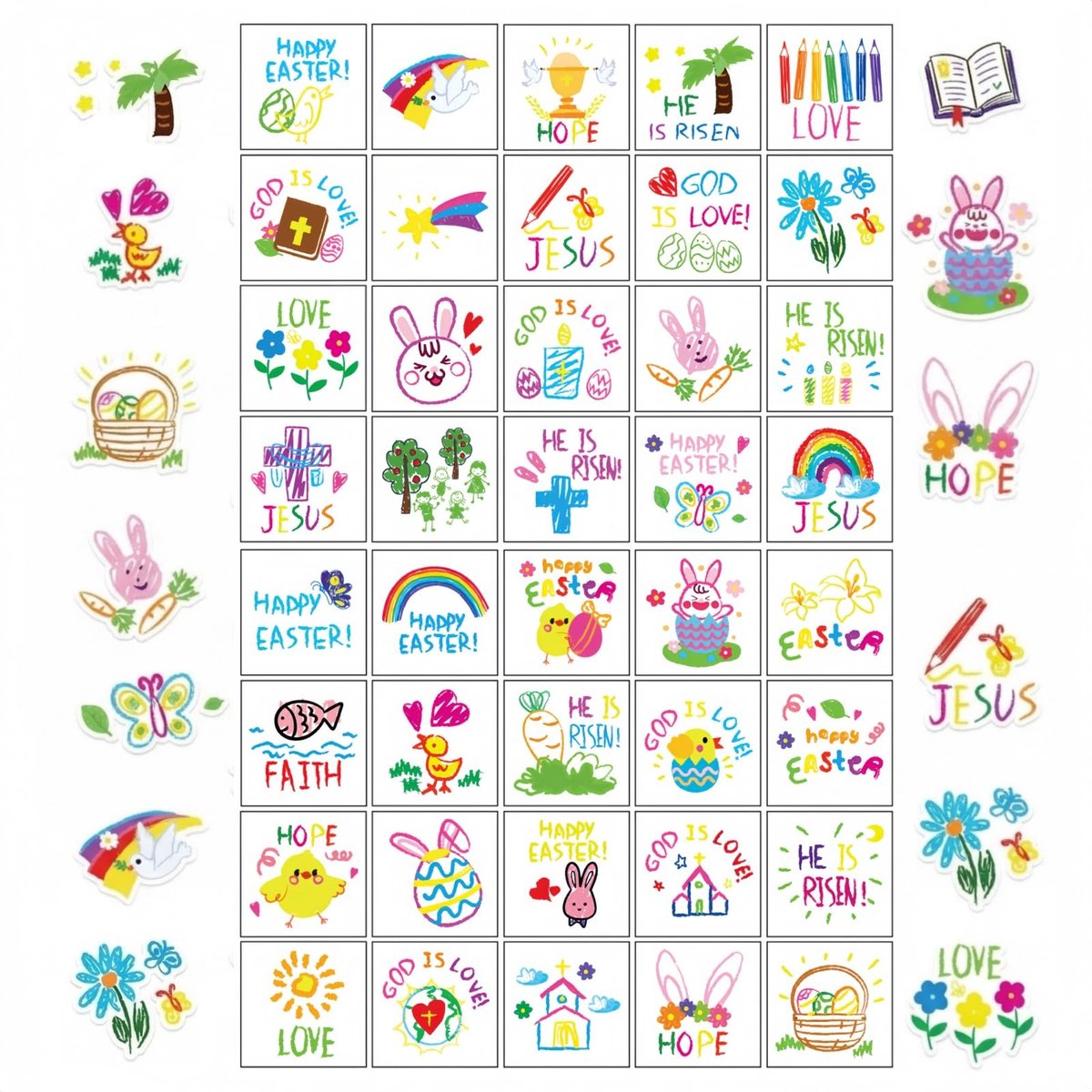 YVAINE 80pcs Christian Easter Temporary Tattoos - Religious Easter Bunny Doodles & Jesus Cross Waterproof Tattoo Stickers for Easter Spring Party Supplies - görsel 1
