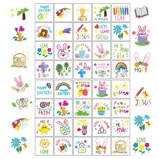 YVAINE 80pcs Christian Easter Temporary Tattoos - Religious Easter Bunny Doodles & Jesus Cross Waterproof Tattoo Stickers for Easter Spring Party Supplies