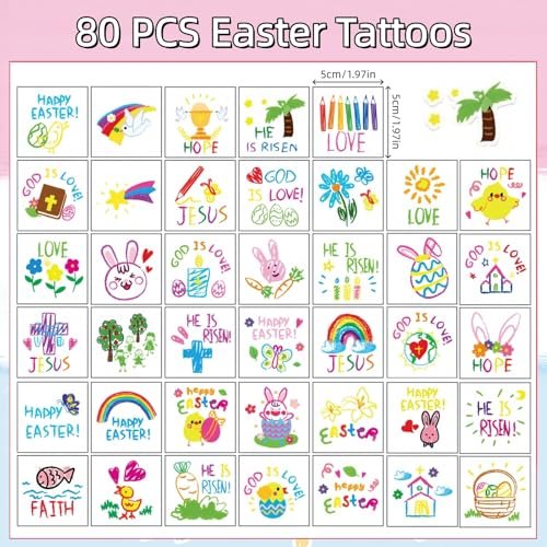 YVAINE 80pcs Christian Easter Temporary Tattoos - Religious Easter Bunny Doodles & Jesus Cross Waterproof Tattoo Stickers for Easter Spring Party Supplies - görsel 4