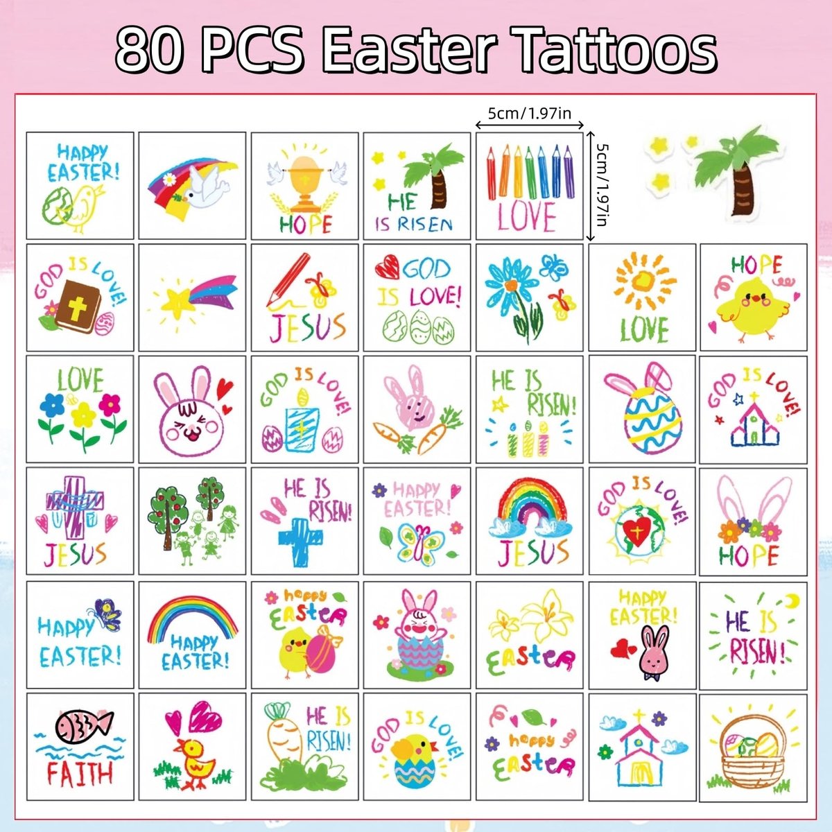 YVAINE 80pcs Christian Easter Temporary Tattoos - Religious Easter Bunny Doodles & Jesus Cross Waterproof Tattoo Stickers for Easter Spring Party Supplies - görsel 3