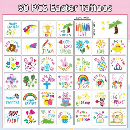 YVAINE 80pcs Christian Easter Temporary Tattoos - Religious Easter Bunny Doodles & Jesus Cross Waterproof Tattoo Stickers for Easter Spring Party Supplies