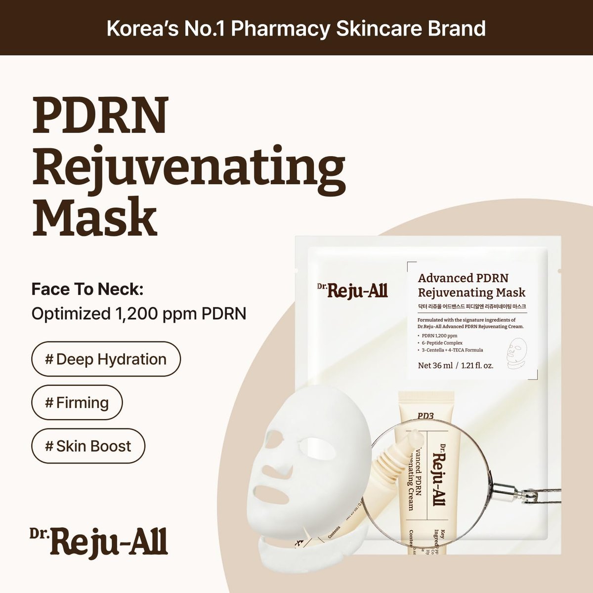 Dr.Reju-All Advanced PDRN Rejuvenating Mask – Face & Neck Korean Sheet Mask with 1,200 ppm PDRN, Collagen & Copper Peptides (4-Pack) Avelisse