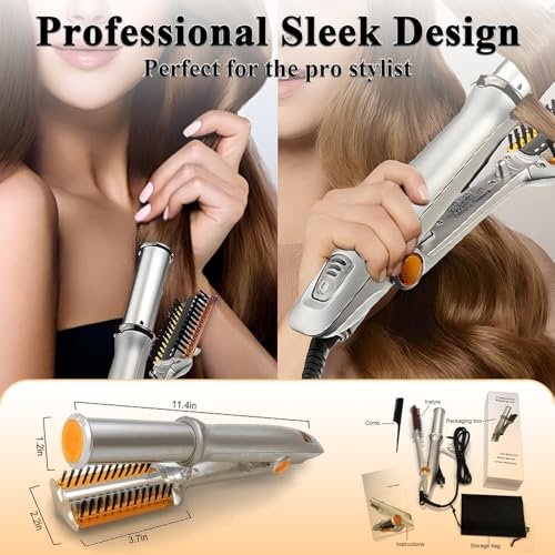 2-in-1 Hair Straightener and Curler with Auto-Off, 3 Adjustable Heat Levels, Rotating Roller Curling Wand - Silver Avelisse