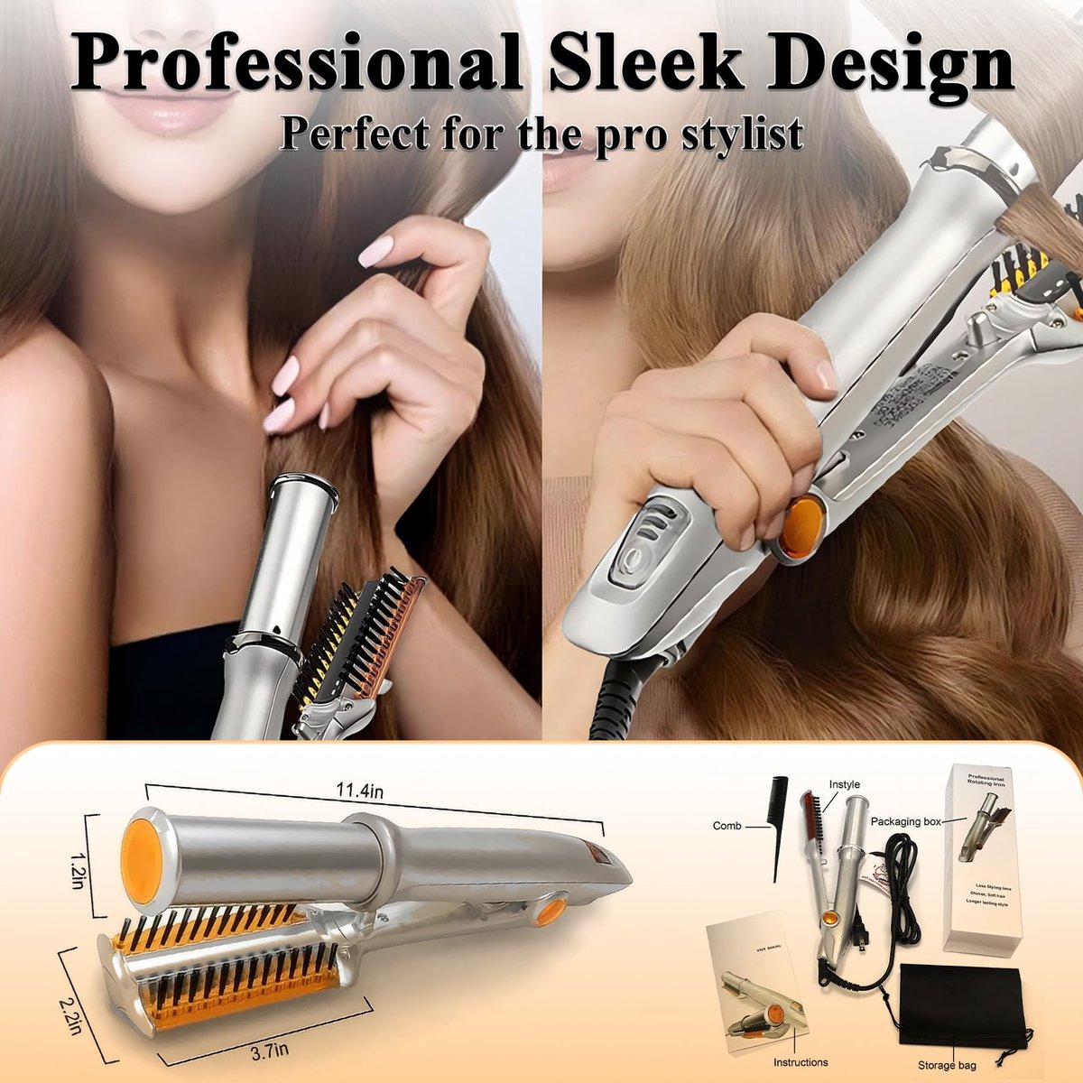 2-in-1 Hair Straightener and Curler with Auto-Off, 3 Adjustable Heat Levels, Rotating Roller Curling Wand - Silver Avelisse