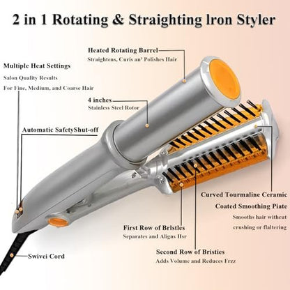 2-in-1 Hair Straightener and Curler with Auto-Off, 3 Adjustable Heat Levels, Rotating Roller Curling Wand - Silver Avelisse