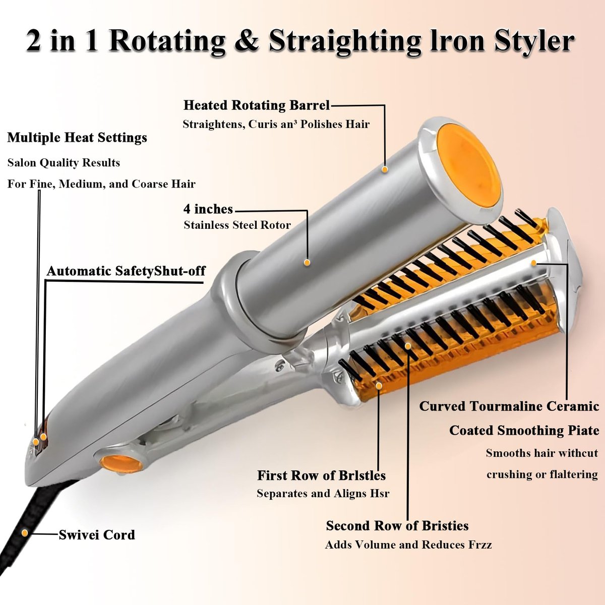2-in-1 Hair Straightener and Curler with Auto-Off, 3 Adjustable Heat Levels, Rotating Roller Curling Wand - Silver Avelisse