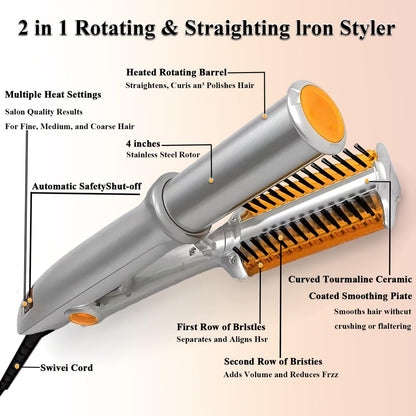 2-in-1 Hair Straightener and Curler with Auto-Off, 3 Adjustable Heat Levels, Rotating Roller Curling Wand - Silver Avelisse