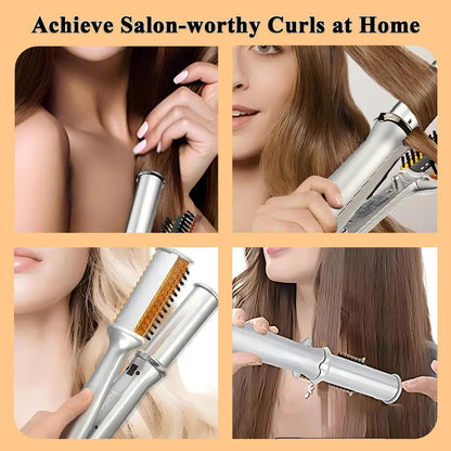 2-in-1 Hair Straightener and Curler with Auto-Off, 3 Adjustable Heat Levels, Rotating Roller Curling Wand - Silver Avelisse