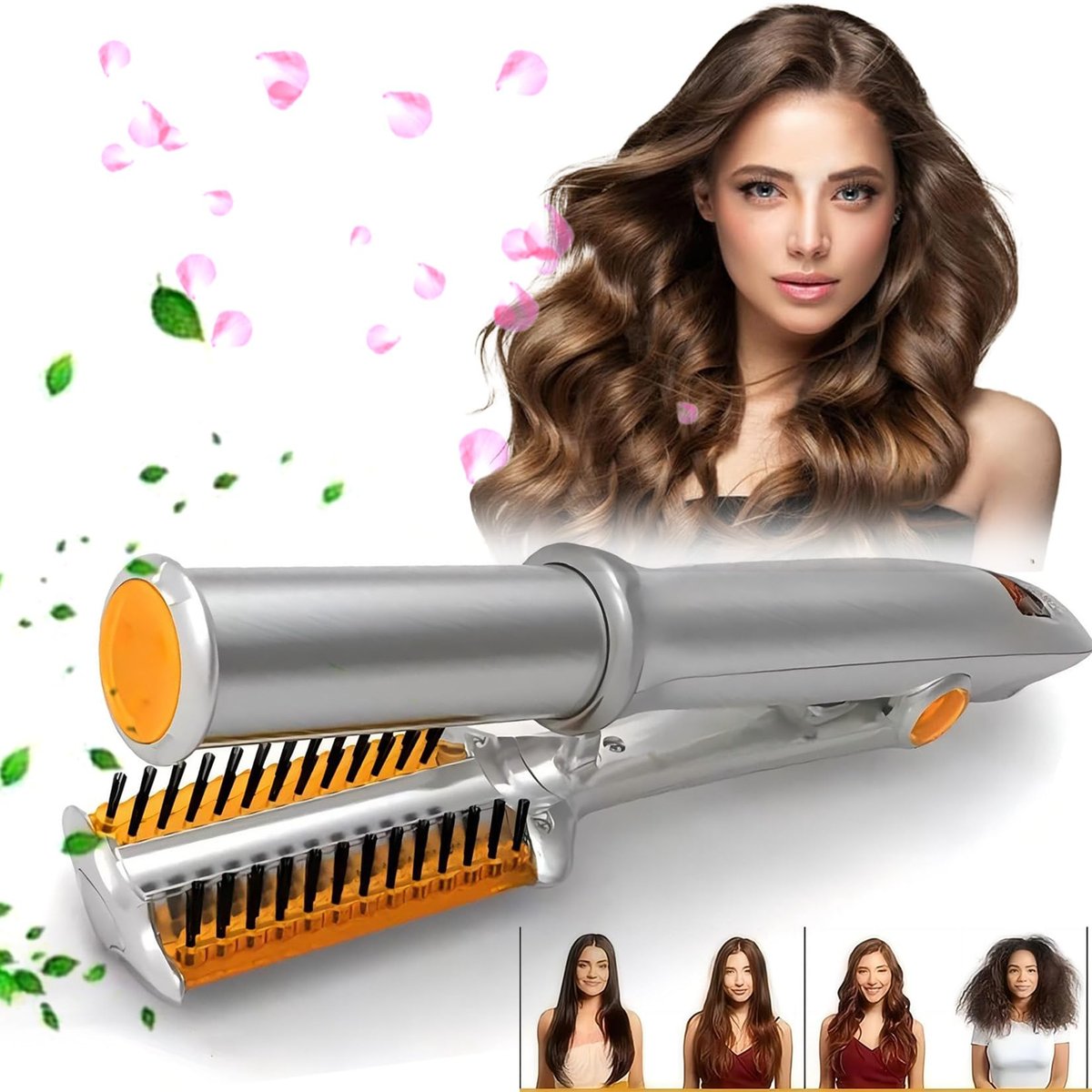 2-in-1 Hair Straightener and Curler with Auto-Off, 3 Adjustable Heat Levels, Rotating Roller Curling Wand - Silver Avelisse