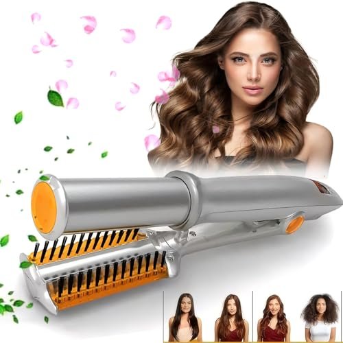 2-in-1 Hair Straightener and Curler with Auto-Off, 3 Adjustable Heat Levels, Rotating Roller Curling Wand - Silver Avelisse