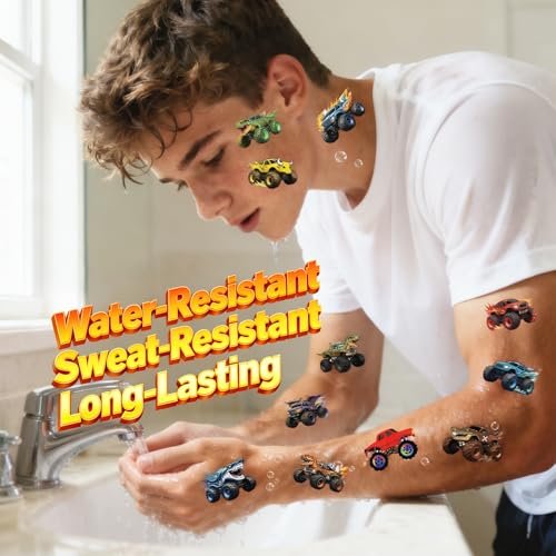 96 PCS Monster Truck Temporary Tattoos for Kids – Pre-Cut Racing Car Tattoo Stickers, Fun Body Art, Party Favors & Gift Bag Stuffers - görsel 13