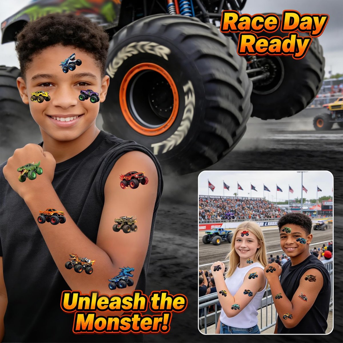 96 PCS Monster Truck Temporary Tattoos for Kids – Pre-Cut Racing Car Tattoo Stickers, Fun Body Art, Party Favors & Gift Bag Stuffers - görsel 10