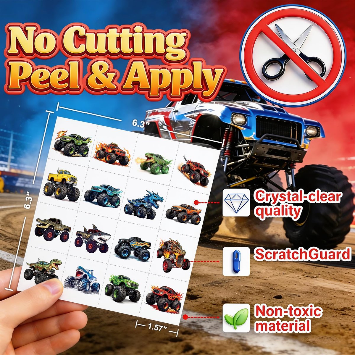 96 PCS Monster Truck Temporary Tattoos for Kids – Pre-Cut Racing Car Tattoo Stickers, Fun Body Art, Party Favors & Gift Bag Stuffers - görsel 8