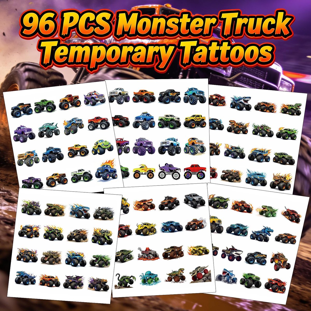 96 PCS Monster Truck Temporary Tattoos for Kids – Pre-Cut Racing Car Tattoo Stickers, Fun Body Art, Party Favors & Gift Bag Stuffers - görsel 12