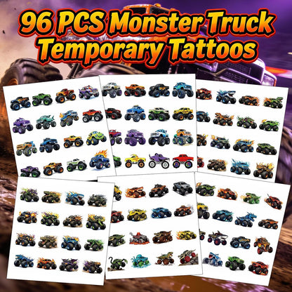 96 PCS Monster Truck Temporary Tattoos for Kids – Pre-Cut Racing Car Tattoo Stickers, Fun Body Art, Party Favors & Gift Bag Stuffers